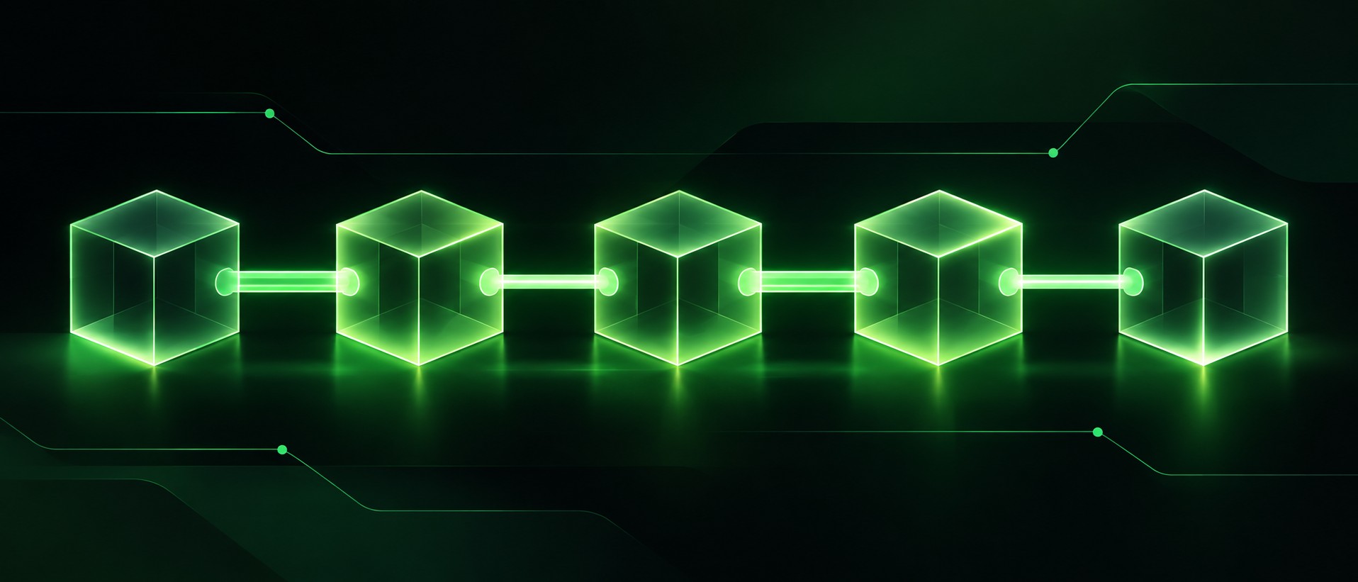 Chain of glowing transparent cubes connected by light links