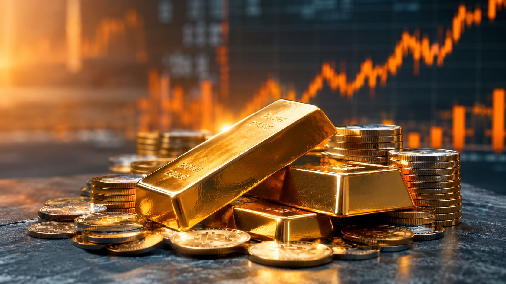 Gold bars next to currency coins with a price chart backdrop